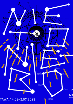 Exhibition poster in dark blue, white, blank and orange colours.