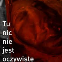 Photo of blurred face in red colors. On the left side, the title of the exhibition