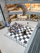 Photo of a hall with a big chess-board painted on the floor.