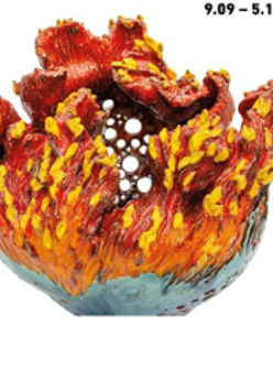 Exhibition poster in orange and white colours.