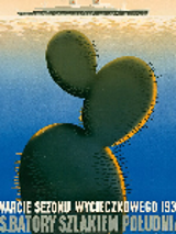 One of the posters from the exhibition - a big cactus. Sea with a remote ship as a background.