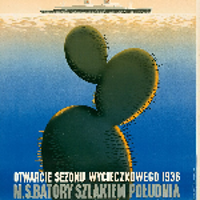 One of the posters from the exhibition - a big cactus. Sea with a remote ship as a background.