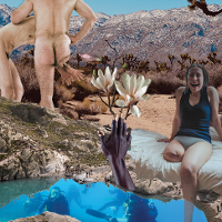 Collage by Magdalena Sobolska. It is kept in brown and blue colours. In the foreground there is a pond, on the right side of the painting sits a smiling girl without a leg, wearing only a T-shirt and panties. On the left side - naked male bodies. One man is without a leg.