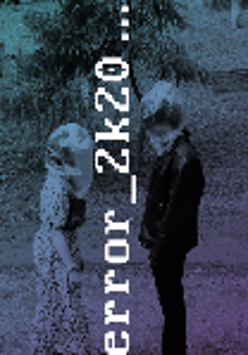 The couple are facing each other with plastic bags on their heads. Vertically, the name of the exhibition.