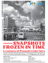 Black and white photo of a fair spire - a symbol of Poznań fair. In the foreground - a street, people waiting at the zebra crosing and a delivery car. In the bottom of the poster - information about the exhibition