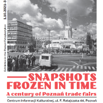 Black and white photo of a fair spire - a symbol of Poznań fair. In the foreground - a street, people waiting at the zebra crosing and a delivery car. In the bottom of the poster - information about the exhibition
