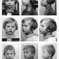 Black and white photo divided into 9 small pictures of sad children faces taken in profile and en face.