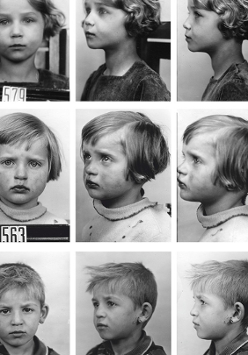 Black and white photo divided into 9 small pictures of sad children faces taken in profile and en face.