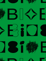 Black letters and shapes on green background
