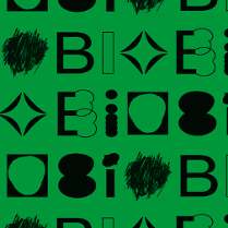 Black letters and shapes on green background