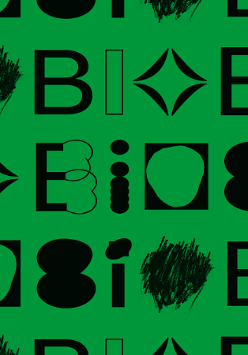 Black letters and shapes on green background