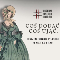 Drawing of a woman in elegant green old-fashioned dress and a hat and the title of the exhibition.