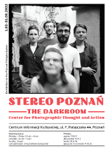 Poster with information about the exhibition and with one black and white photo from it.