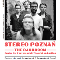 Poster with information about the exhibition and with one black and white photo from it.