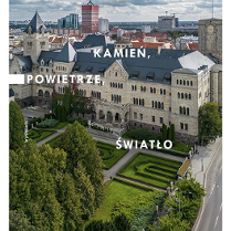 Castle Cultural Center and a fragment of the park from a bird's eye view. Buildings in the background.