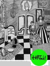 Black and white exhibition poster, in the down right corner - green circle with the name tARTak Studio.