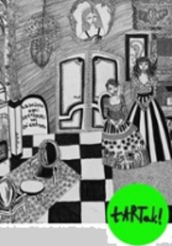 Black and white exhibition poster, in the down right corner - green circle with the name tARTak Studio.