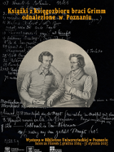 Black and white portrait of Grimm Brothers in a circle, text on black background around it.