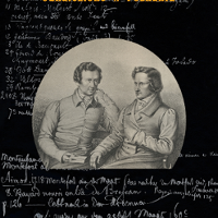 Black and white portrait of Grimm Brothers in a circle, text on black background around it.