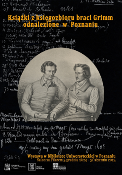Black and white portrait of Grimm Brothers in a circle, text on black background around it.
