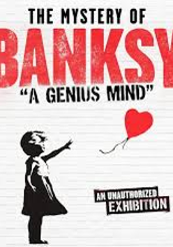 Exhibition poster in white, black and red colours: the title of the exhibition and a picture of a girl and a heart-shaped balloon.