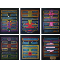 Exhibition works - six colourful pictures presenting various shapes.