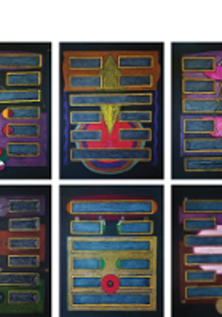 Exhibition works - six colourful pictures presenting various shapes.