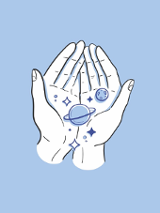 Picture of open hands on which planets and stars are laying; blue background.