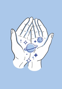 Picture of open hands on which planets and stars are laying; blue background.