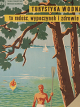 Exhibition poster: one of the exhibition works - drawing of a lake, a tree and two men - one standing with an oar on the shore, the the other in a kayak on the lake.