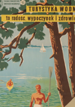 Exhibition poster: one of the exhibition works - drawing of a lake, a tree and two men - one standing with an oar on the shore, the the other in a kayak on the lake.
