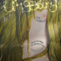 Exhibition poster: abstract work in green and light pink colours.