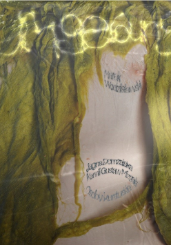 Exhibition poster: abstract work in green and light pink colours.
