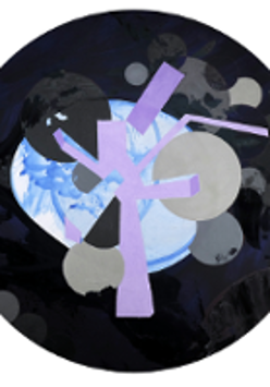 One of the exhibition works - abstract painting in a black circle.