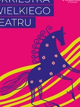 Colourful poster - violet horse on pink and yellow background.