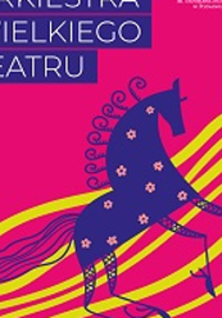 Colourful poster - violet horse on pink and yellow background.