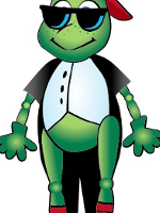 Drawing of a green cricket in black sun-glasses and dressed in a tailcoat.