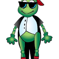 Drawing of a green cricket in black sun-glasses and dressed in a tailcoat.