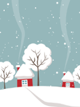 Picture of two small houses and three trees covered with snow, on a snow-covered field. Celadon sky with snow falling.