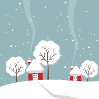 Picture of two small houses and three trees covered with snow, on a snow-covered field. Celadon sky with snow falling.