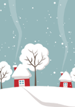 Picture of two small houses and three trees covered with snow, on a snow-covered field. Celadon sky with snow falling.