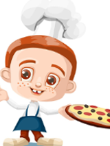 Colourful drawing of a boy in a cook's outfit, holding a plate with pizza.