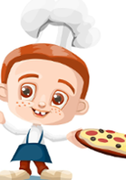 Colourful drawing of a boy in a cook's outfit, holding a plate with pizza.