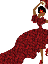 DRawing of a woman in long purple dress and with a hand fan in her hand in a dance pose.