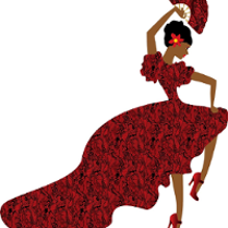 DRawing of a woman in long purple dress and with a hand fan in her hand in a dance pose.