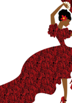DRawing of a woman in long purple dress and with a hand fan in her hand in a dance pose.