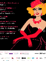 Picture of a sitting blond woman wearing black sleeveless dress, red hat, red long gloves and red necklace. On the left - information about the festival. Black background