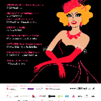 Picture of a sitting blond woman wearing black sleeveless dress, red hat, red long gloves and red necklace. On the left - information about the festival. Black background