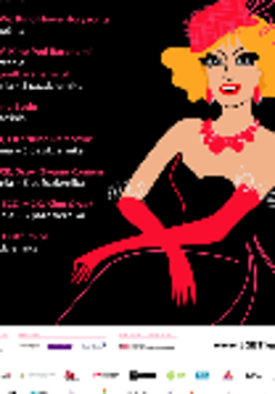 Picture of a sitting blond woman wearing black sleeveless dress, red hat, red long gloves and red necklace. On the left - information about the festival. Black background