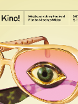 Festival poster - golden spectacles with pink glasses in one of which there is an eye. At the top of the poster - information about the festival.